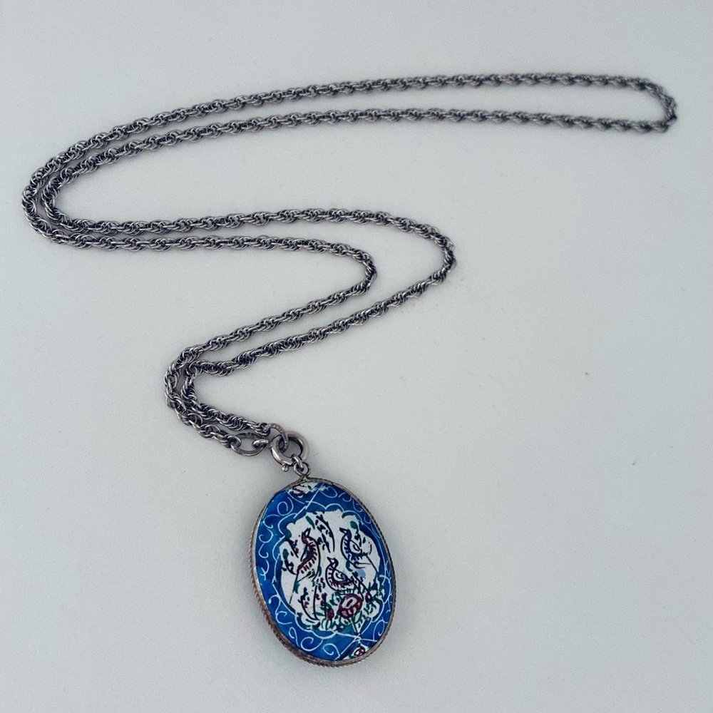 VTG 70’s Sterling Plated Hand Painted Japanese Enameled Two-Sided Pendant